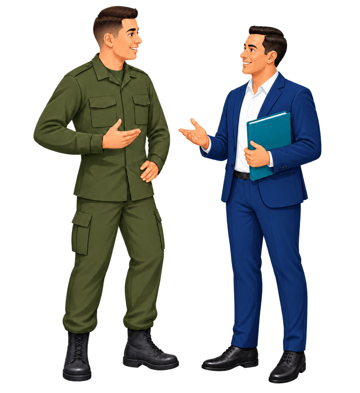 Persona de la Fuerza Pública conversando con un asesor inmobiliario sobre vivienda